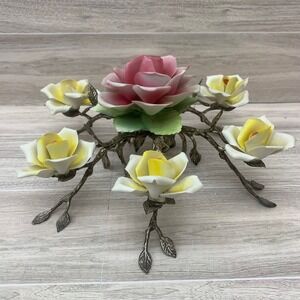 Vintage Ceramic Rose Flower Arrangement Display Centerpiece Gold Tone Metal‎